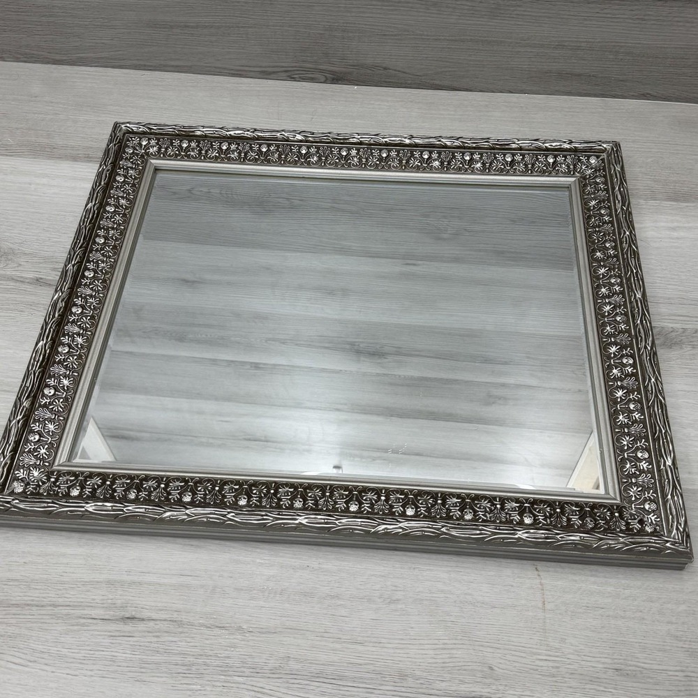 Vintage Ornate Silver Embossed Floral Beveled Wall Mirror Hollywood Regency